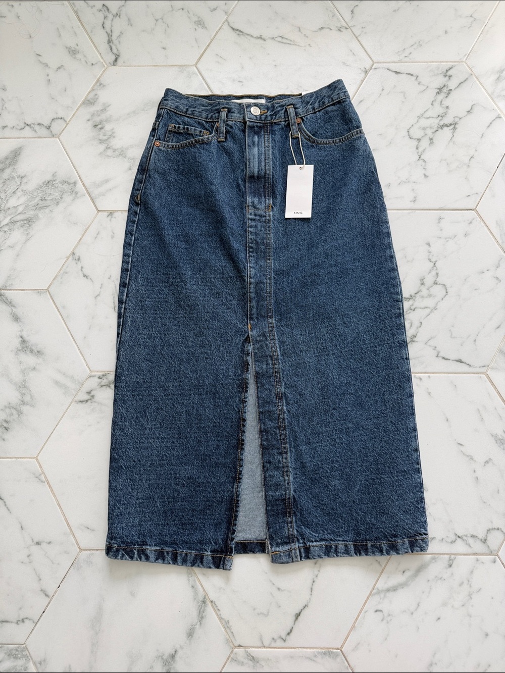 NWT Mango Classic Dark Blue Denim Midi Skirt